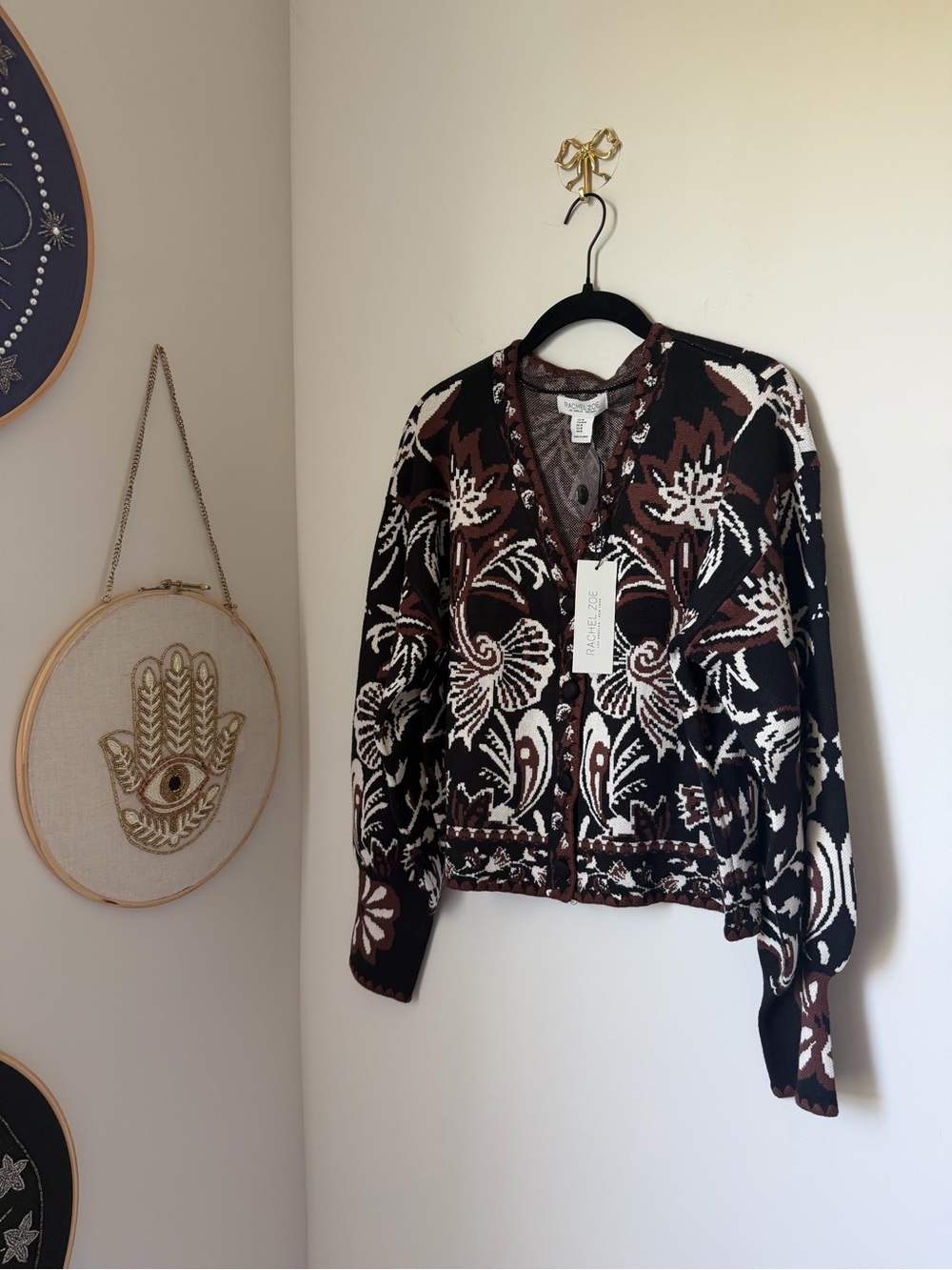 Black, Brown & White Floral Jacquard Cardigan sweater